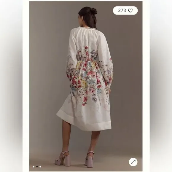 Anthropologie Let Me Be Long-Sleeve V-Neck Floral A-Line Midi Dress